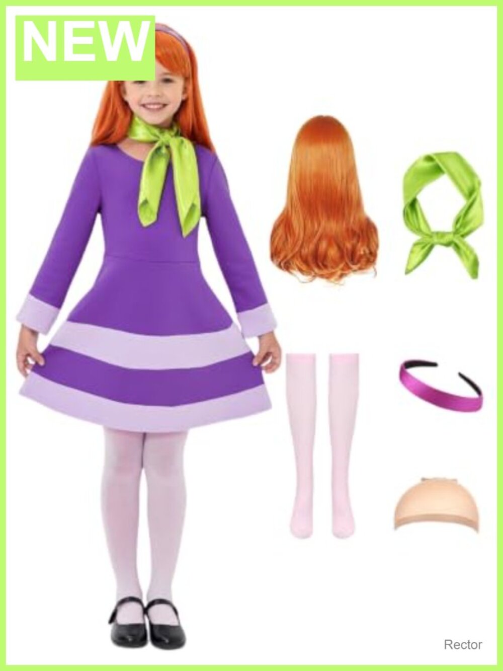 Kids Girls Daphne Costume Long Sleeve Dress Scarf Wig Halloween